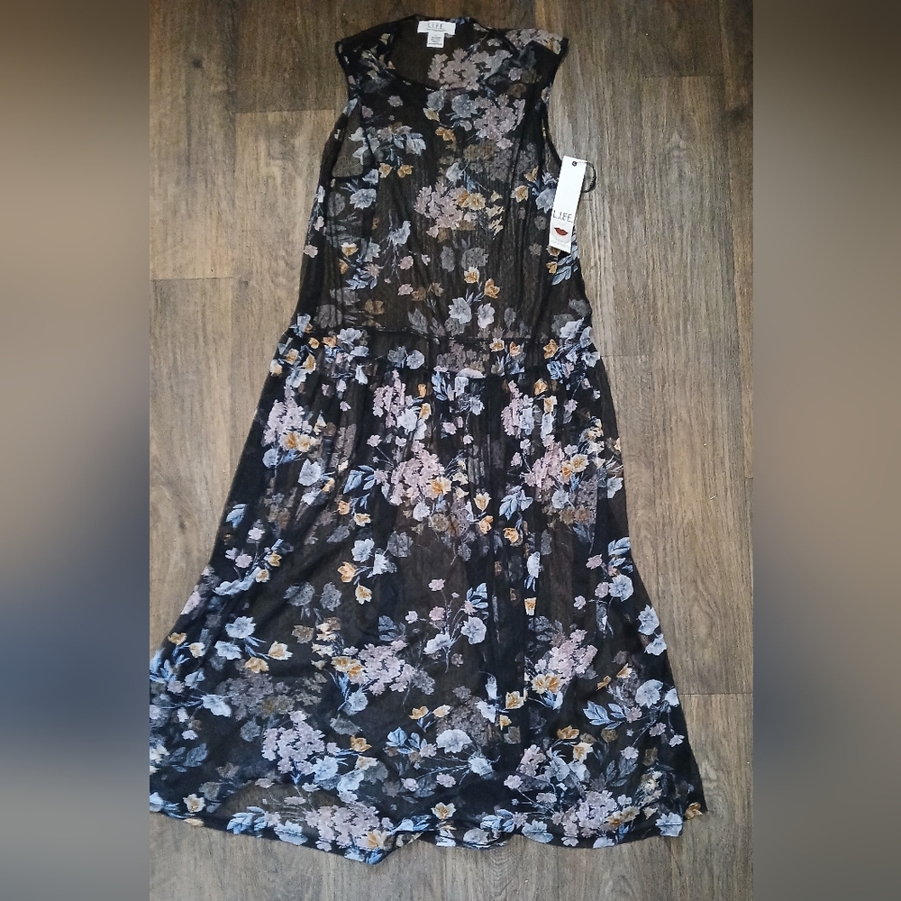 NWT L.I.F.E. Love is For Eternity Sheer Black Floral Dress.